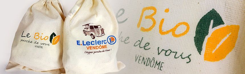 Sacs vrac bio GOTS, personnalisés par impression textile pour E.Leclerc Vendôme Sacs vrac bio GOTS, personnalisés par impression textile pour E.Leclerc Vendôme