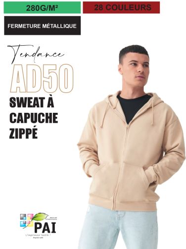 AD50 - Sweat à capuche zippé - 280g - 25 couleurs