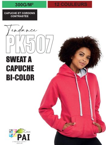 PK507 - Sweat à capuche - bi color - 300g - 12 couleurs