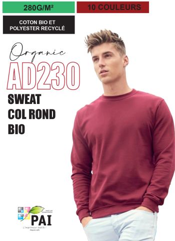 AD230 - Sweat col rond bio - 280g - 10 couleurs