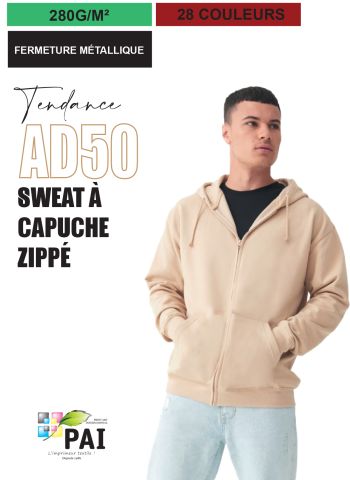 AD50 - Sweat à capuche zippé - 280g - 25 couleurs