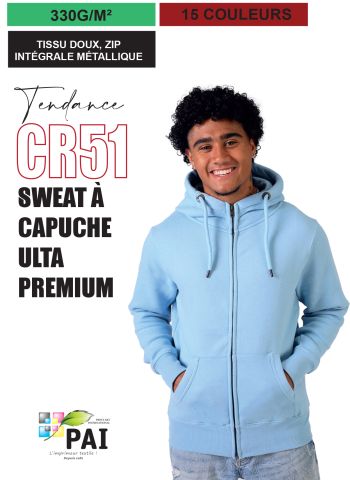 CR51 - sweat zippé à capuche - ultra premium - 330 g - 19 couleurs